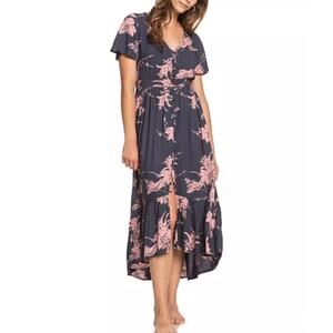 Roxy Bright Daylight Short Sleeve Maxi Dress Floral Print Small Blue & Pink Boho